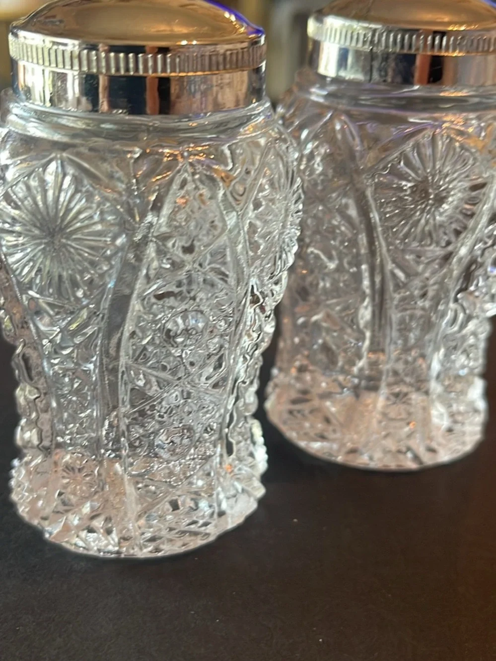 Vintage Cut Glass Salt and Pepper Shakers with Silver-Tone Caps